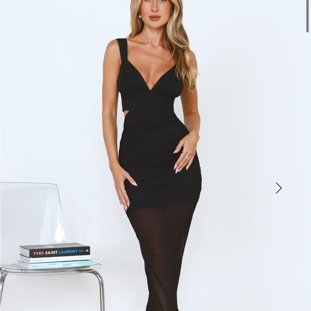 TALK BACK MESH MIDI DRESS BLACK